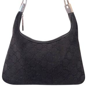 Vintage Gucci Black Canvas Jacquard Monogram Shoulder Bag with Detachable Strap